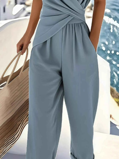 Full Size Surplice Short Sleeve Top and Pants Set Plus Size Pantsuit
