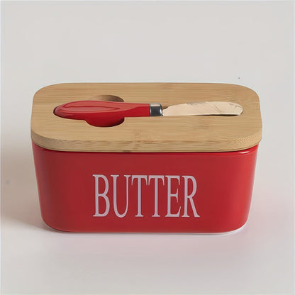 Large Ceramic Butter Dish with Bamboo Lid and Knife