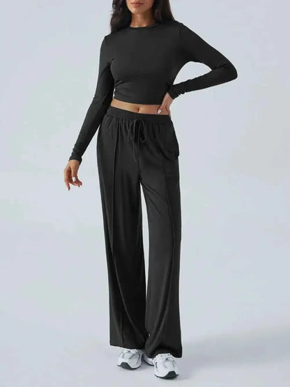 Round Neck Long Sleeve Crop Top and Pants Set