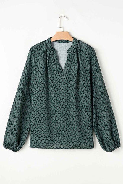 Green Geometric Print Blouse with Notched Neck and Long Sleeves