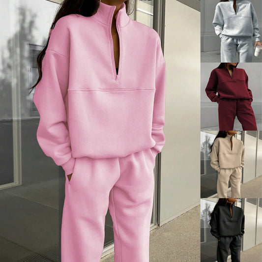 Long-sleeved Sports Sweatsuit Stand-up Collar Zip-up Top And Elastic Band Trousers With Pocket