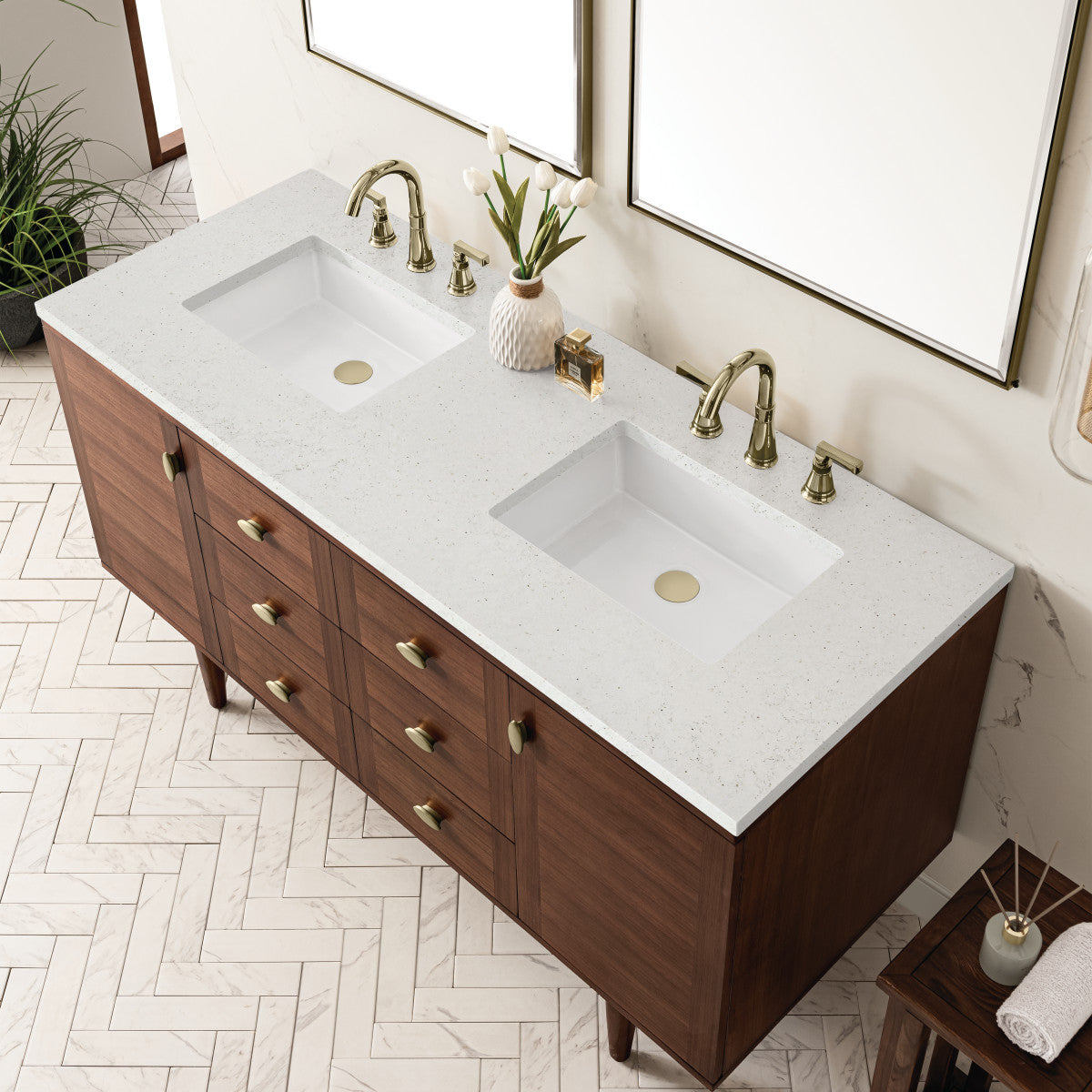 Amberly 60" Double Vanity Cabinet, Mid-Century Walnut