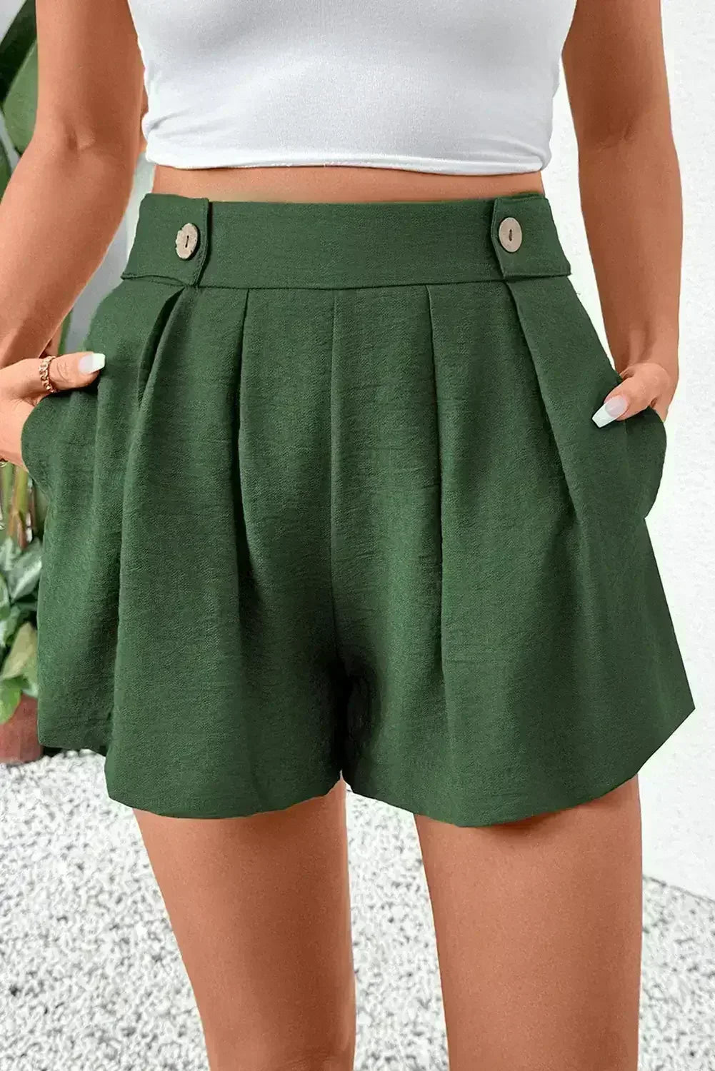 Vineyard Green Pleated High Waist Shorts