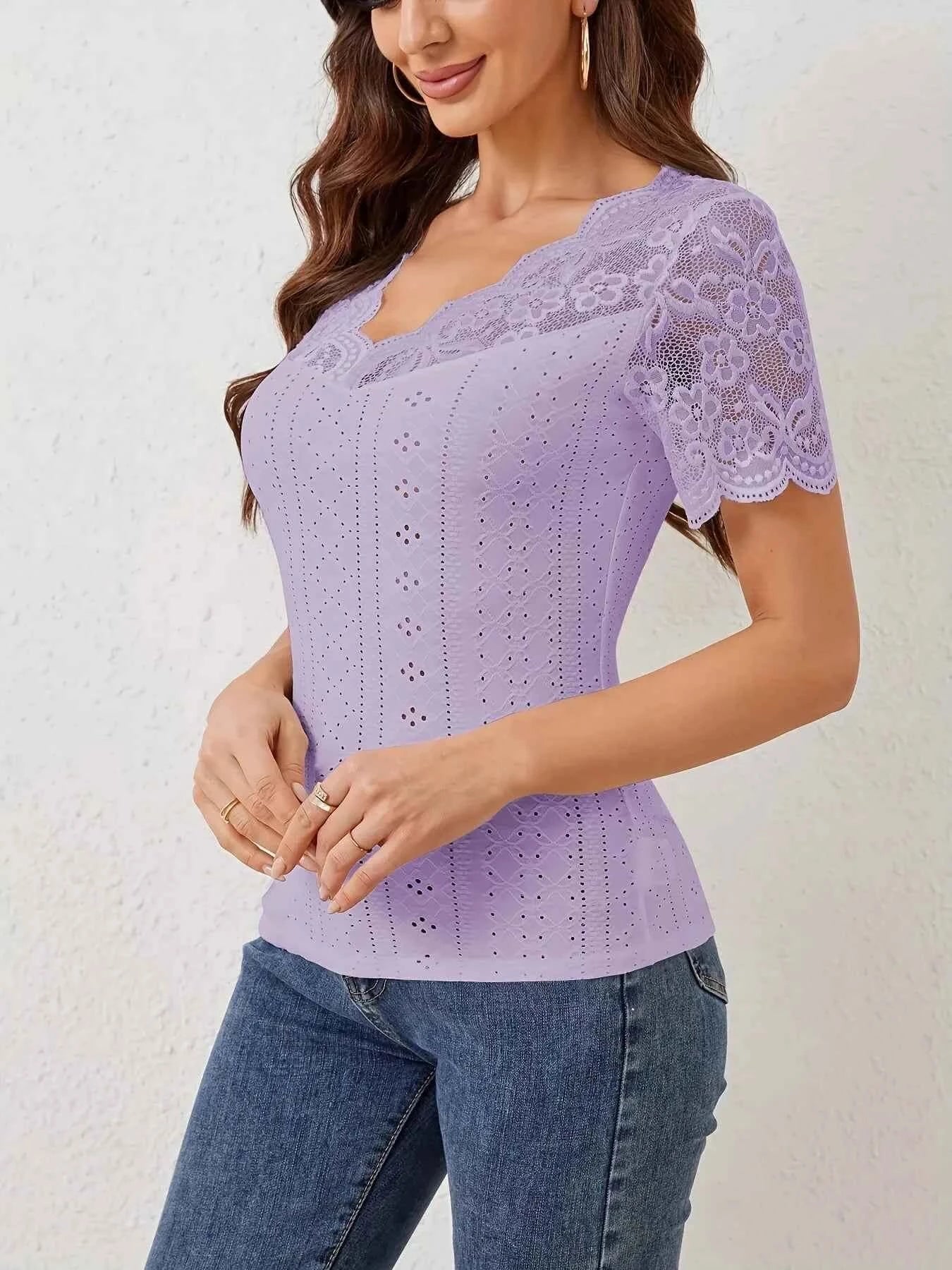 Lace Trim Eyelet Embroidered Summer T Shirt