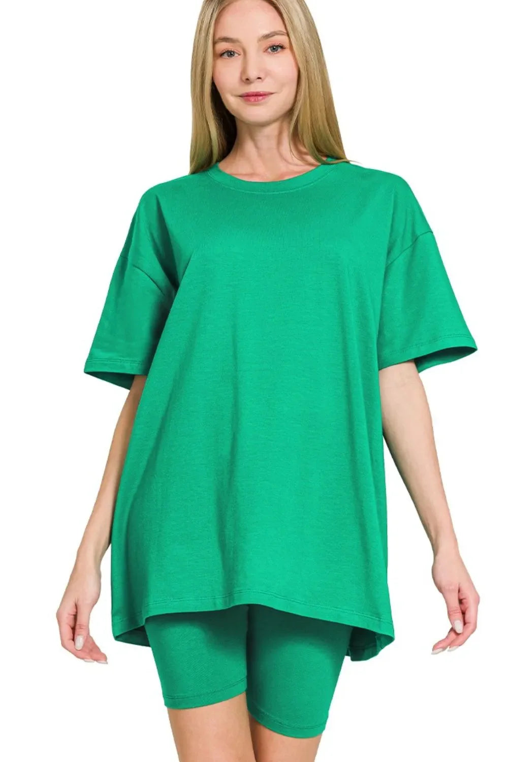 Zenana Cotton Round Neck Top & Biker Shorts in Green