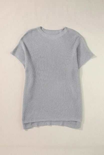 Rose Red Side Slit Short Sleeve Oversized Sweater