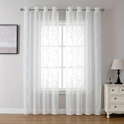 Elegant White Sheer Curtains with Embroidered Trellis Design
