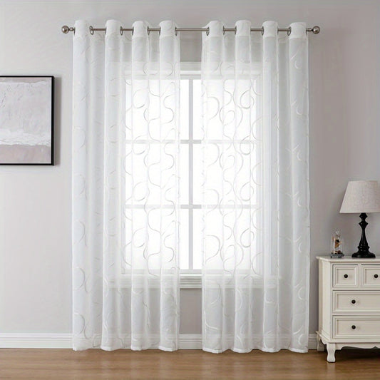 Elegant White Sheer Curtains with Embroidered Trellis Design