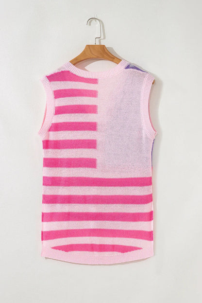 Beige USA Flag Notched Neckline Loose Knit Vest