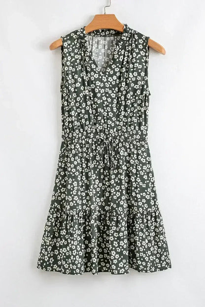Green Boho Floral Print V Neck Knot Waist Sleeveless Dress