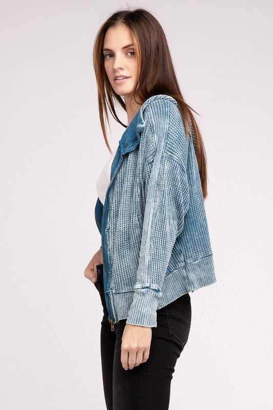 ZENANA Acid Wash Cotton Waffle Hooded Zip-Up Jacket