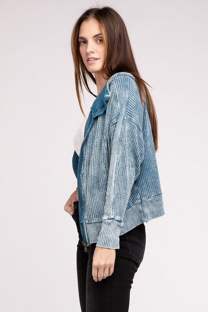 ZENANA Acid Wash Cotton Waffle Hooded Zip-Up Jacket
