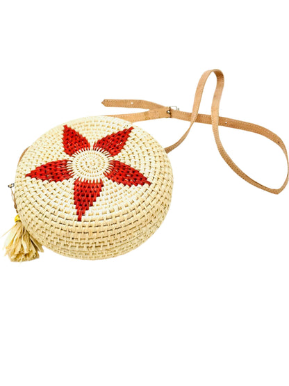Carmel Crochet Round Flower Straw Crossbody Bag with Tassel