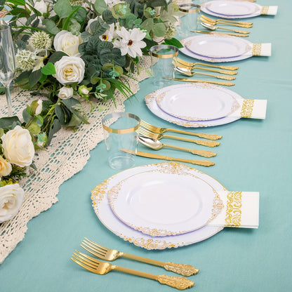 Elegant Gold Rim Plastic Dinnerware Set  50pcs Reusable