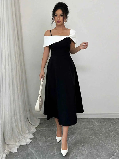 Asymmetrical Neck Contrast Midi Dress