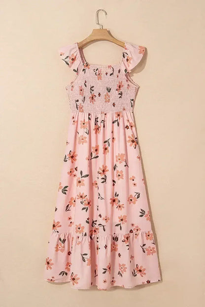 Pink Floral V Neck Smocked High Waist Ruffle Hem Maxi Dress