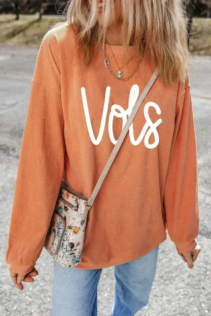 Orange Vols Letter Graphic Crinkle Ribbed Oversized Sweatshirt