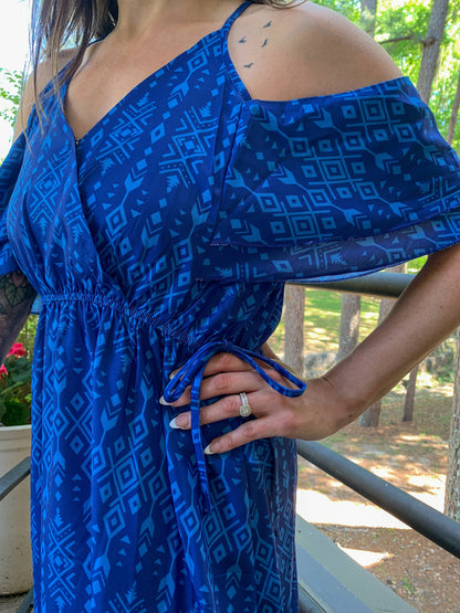 Broken Bow Cold Shoulder Maxi Dress in Blue Aztec