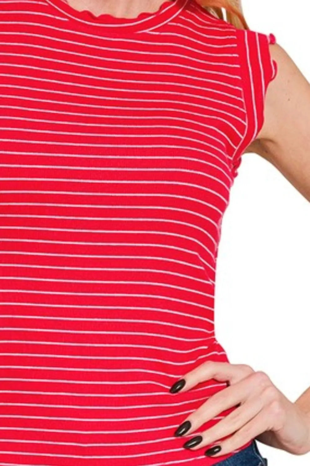 Zenana Ribbed Ruffle Trim Sleeveless Stripe Top in Ruby