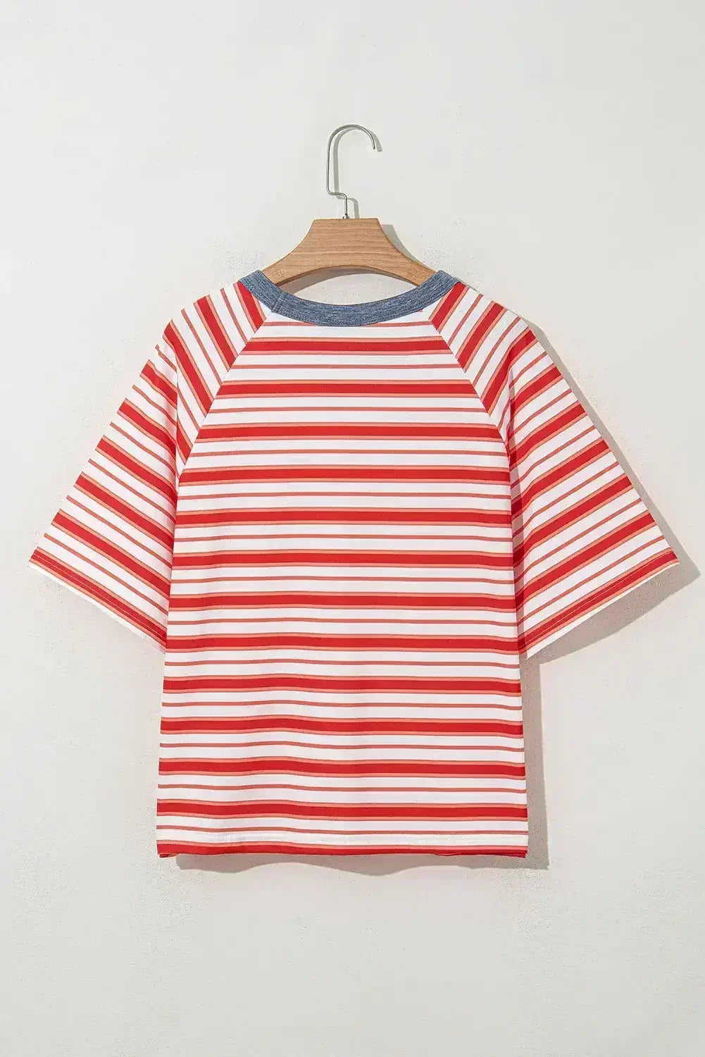 Tomato Red Striped Raglan Sleeve Contrast Neck T-Shirt