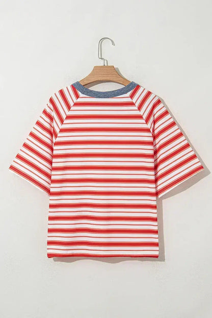 Tomato Red Striped Raglan Sleeve Contrast Neck T-Shirt