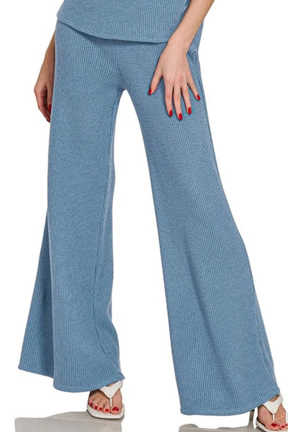 Zenana Sweater Mock Neck Top & Long Pants Set in Dusty Blue
