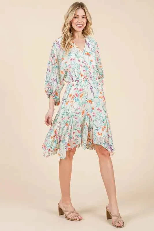 Lime and Chili Dress with Cinched Waist and Balloon Sleeves