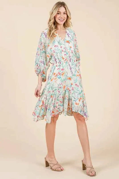 Lime and Chili Dress with Cinched Waist and Balloon Sleeves