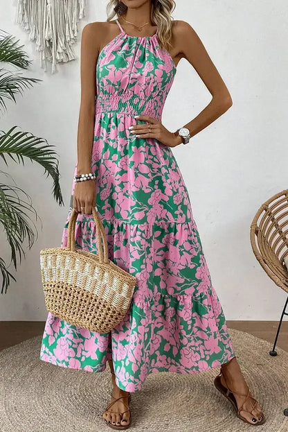 Pink Floral Shirred High Waist Tiered Halter Dress
