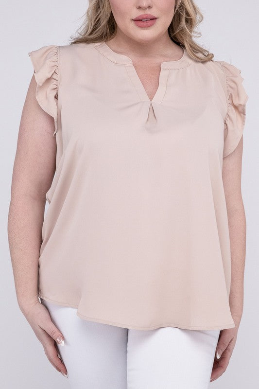 ZENANA Plus Woven Wool Peach Ruffled Sleeve High-Low Top