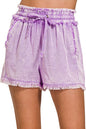 Zenana Mineral Frayed Hem Washed Shorts in Lavender