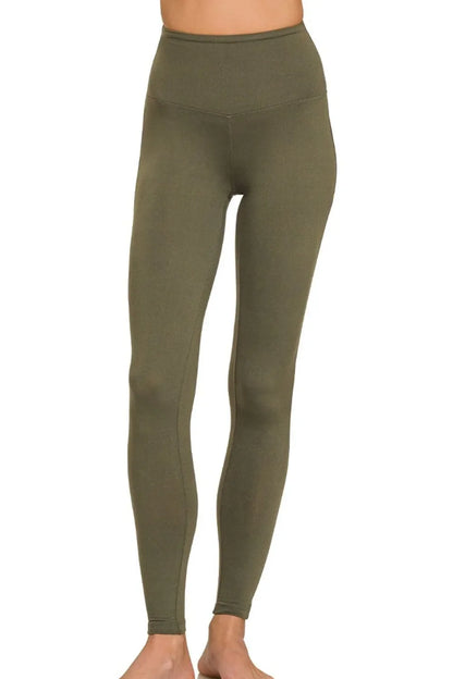 Zenana Premium Microfiber Wide Waistband Leggings in Olive