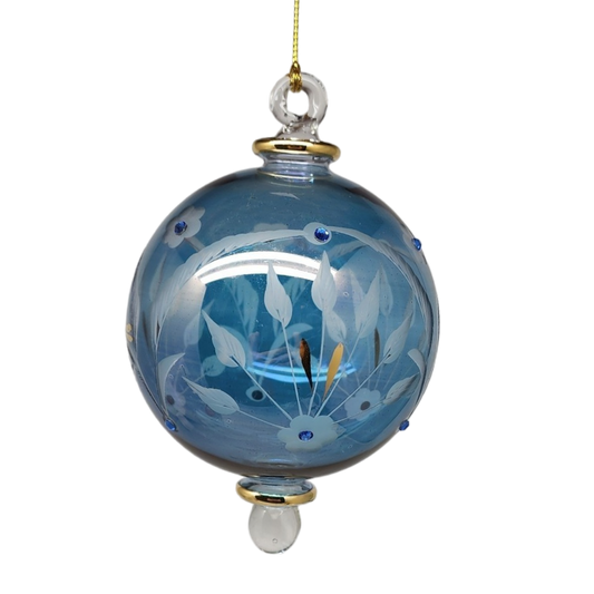 Etched Blown Glass Ball with Crystal Accents - Blue