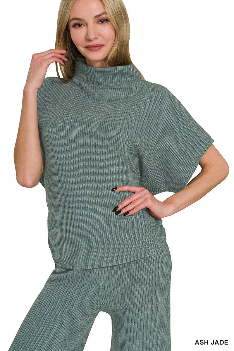 Zenana Mock Neck Top and Pants Sweater Set in Jade