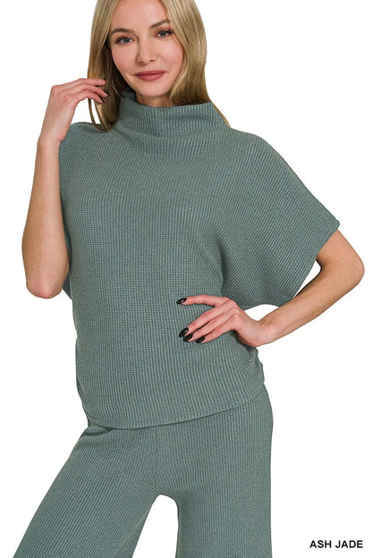 Zenana Mock Neck Top and Pants Sweater Set in Jade