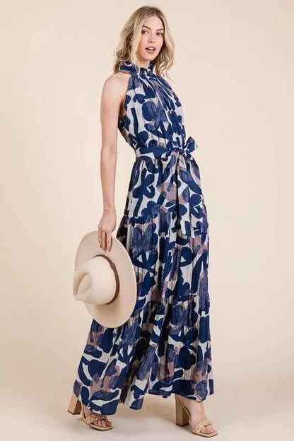 Lime and Chili Maxi Dress - Abstract Halter Neck Tie-Waist Tiered Design
