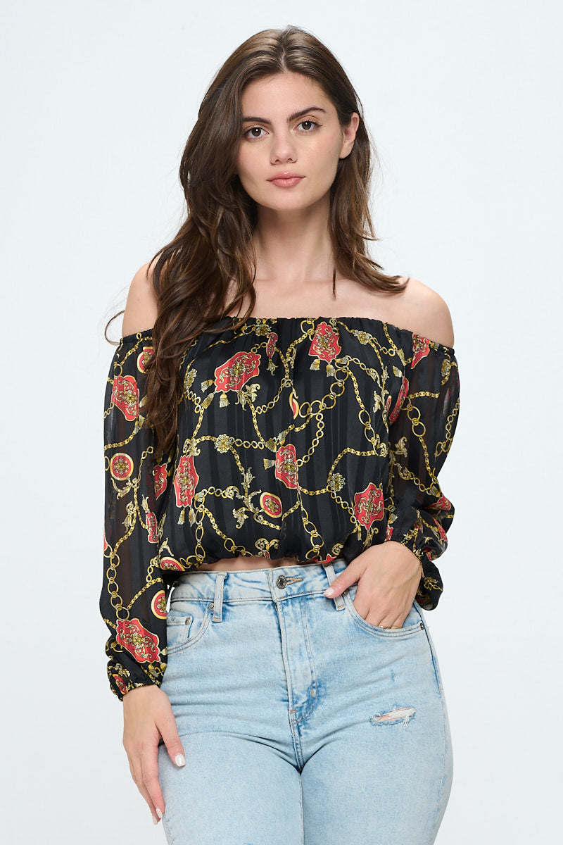 Off-Shoulder Printed Crop Top with Long Sleeves | Apparel | Kitchen + Metal