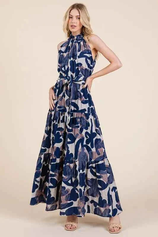 Lime and Chili Maxi Dress - Abstract Halter Neck Tie-Waist Tiered Design