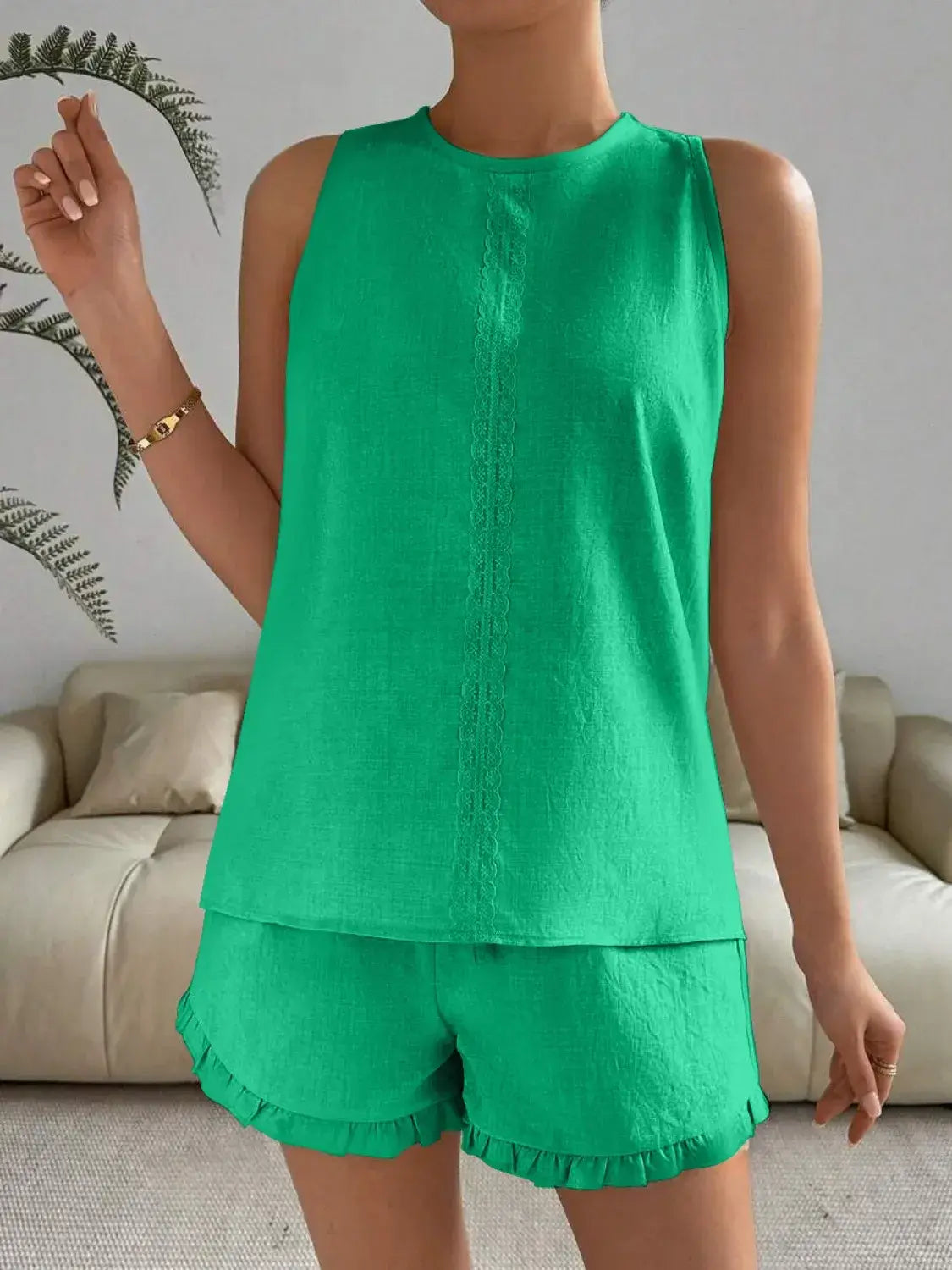 Lace Detail Round Neck Shorts Set for Women