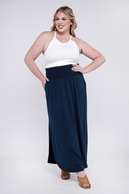ZENANA Plus Smocked Waist Side Slit Maxi Skirt w/ Pockets