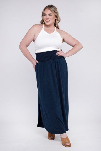 ZENANA Plus Smocked Waist Side Slit Maxi Skirt w/ Pockets