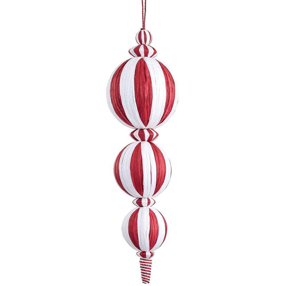 Candy Cane Lane - 14" Raffia Ball Finial Ornament - Red White