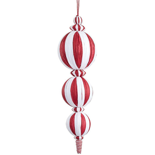 Candy Cane Lane - 14" Raffia Ball Finial Ornament - Red White