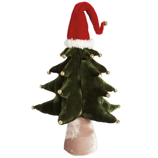 24" Velvet Jingle Bell Tree With Santa Hat Green Red