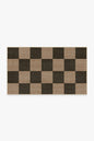 Checkered rug with brown and beige squares on a white background