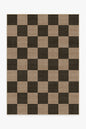 Checkered rug with brown and beige squares on a white background