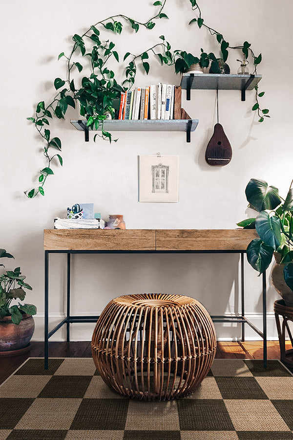 Modern interior with wooden console table, plants, and a checkered floor.