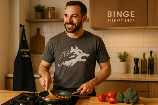 Chef wearing wolf shadow puppet t-shirt in home kitchen
