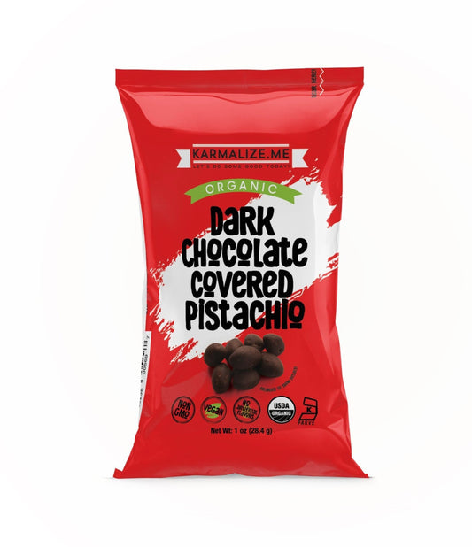 A package of Organic Dark Chocolate Covered Pistachio with a red background, displaying the product name and an image of pistachios.