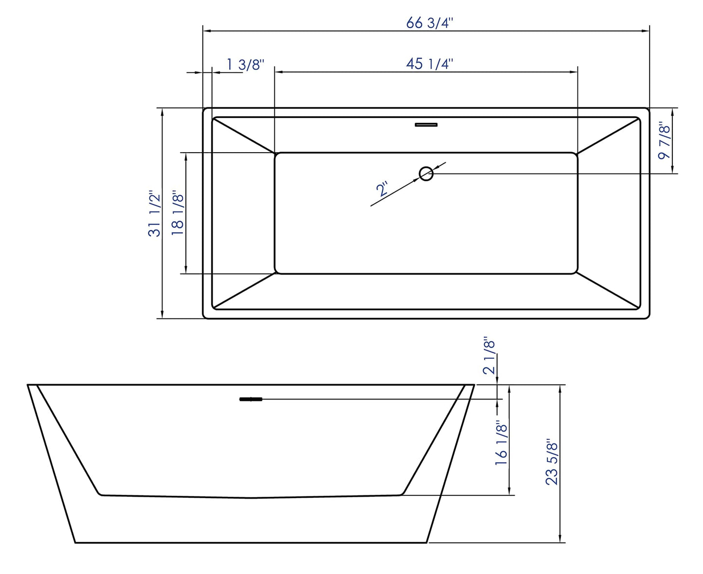 ALFI brand  AB8832 67 inch White Rectangular Acrylic Free Standing Soaking Bathtub